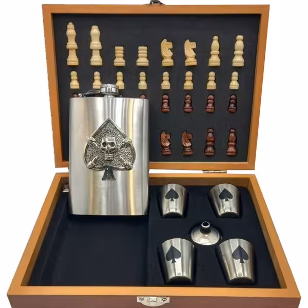 هیپفلاسک (قمقمه جیبی)و جعبه چوبی شطرنج مدل جمجمه 270cc کد a560541