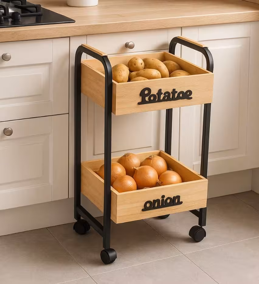 جا پيازي 2طبقه چرخ دار چوب و فلز