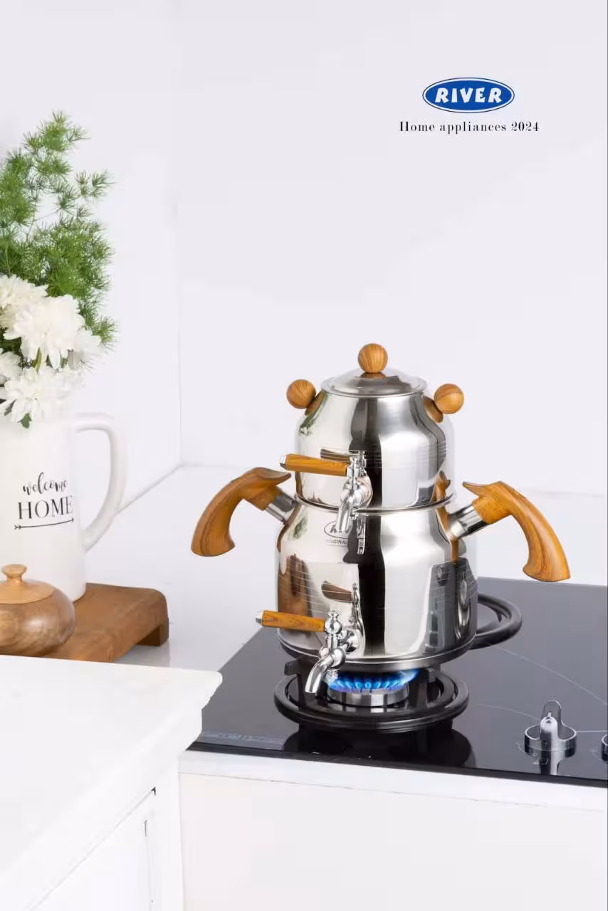 کتری قوری استیل شیر دار 3لیتر دسته باکالیت طرح چوب ریور کد 2163