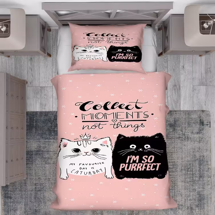 روتختی بچگانه فانتزی طرح گربه های ملوس سیاه و سفید با زمینه صورتی pk-2023a