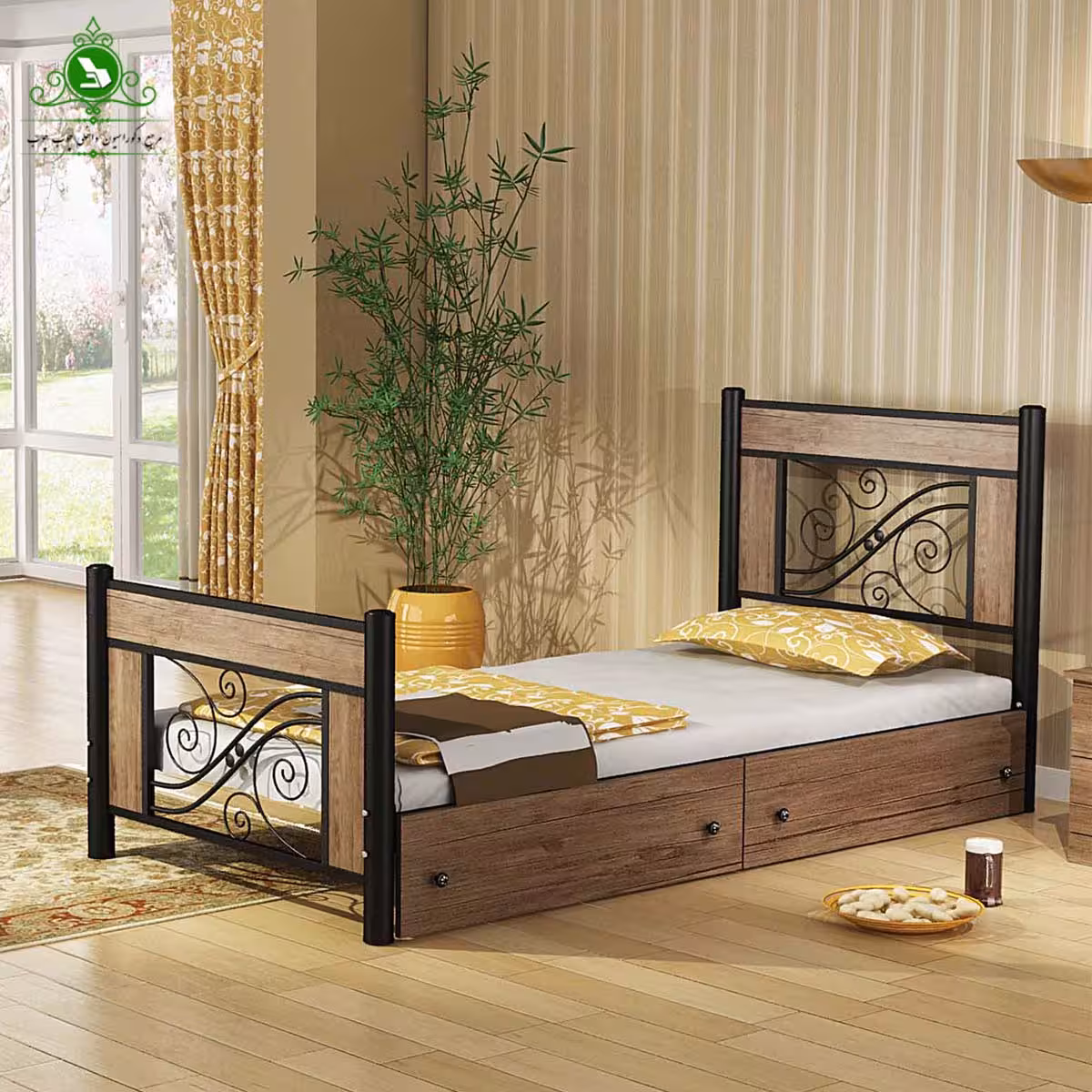 تخت خواب یک نفره چوب و فلز مدل ملودی
