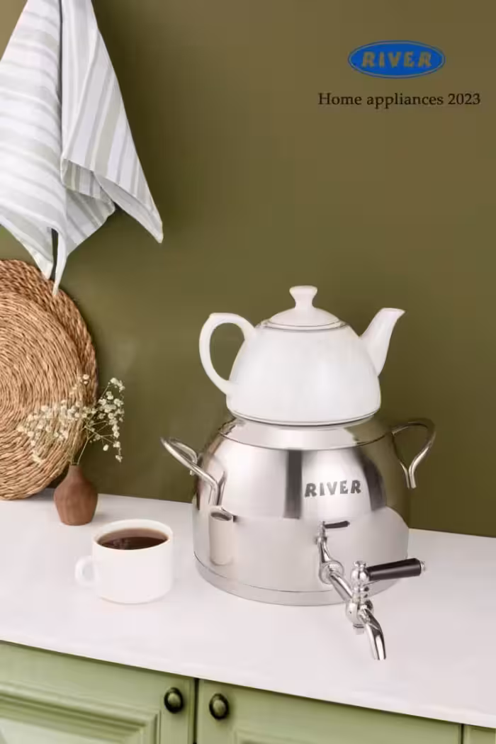 کتری قوری استیل شیر دار 5لیتری دسته استیل مات بالا ریور کد 3870