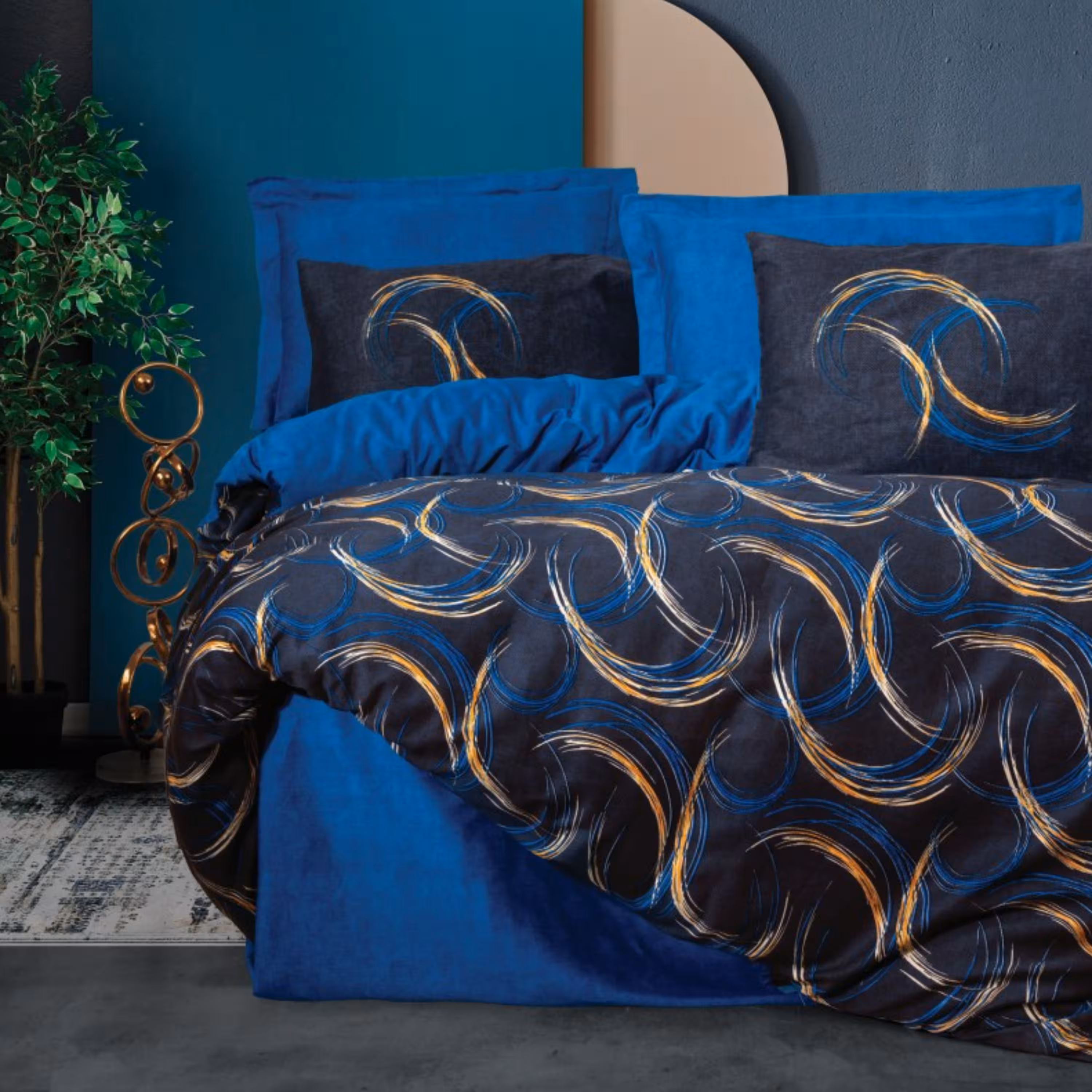 ست ملحفه کاتن باکس مدل Baskili Saten Vidal Mavi دو نفره 6 تکه