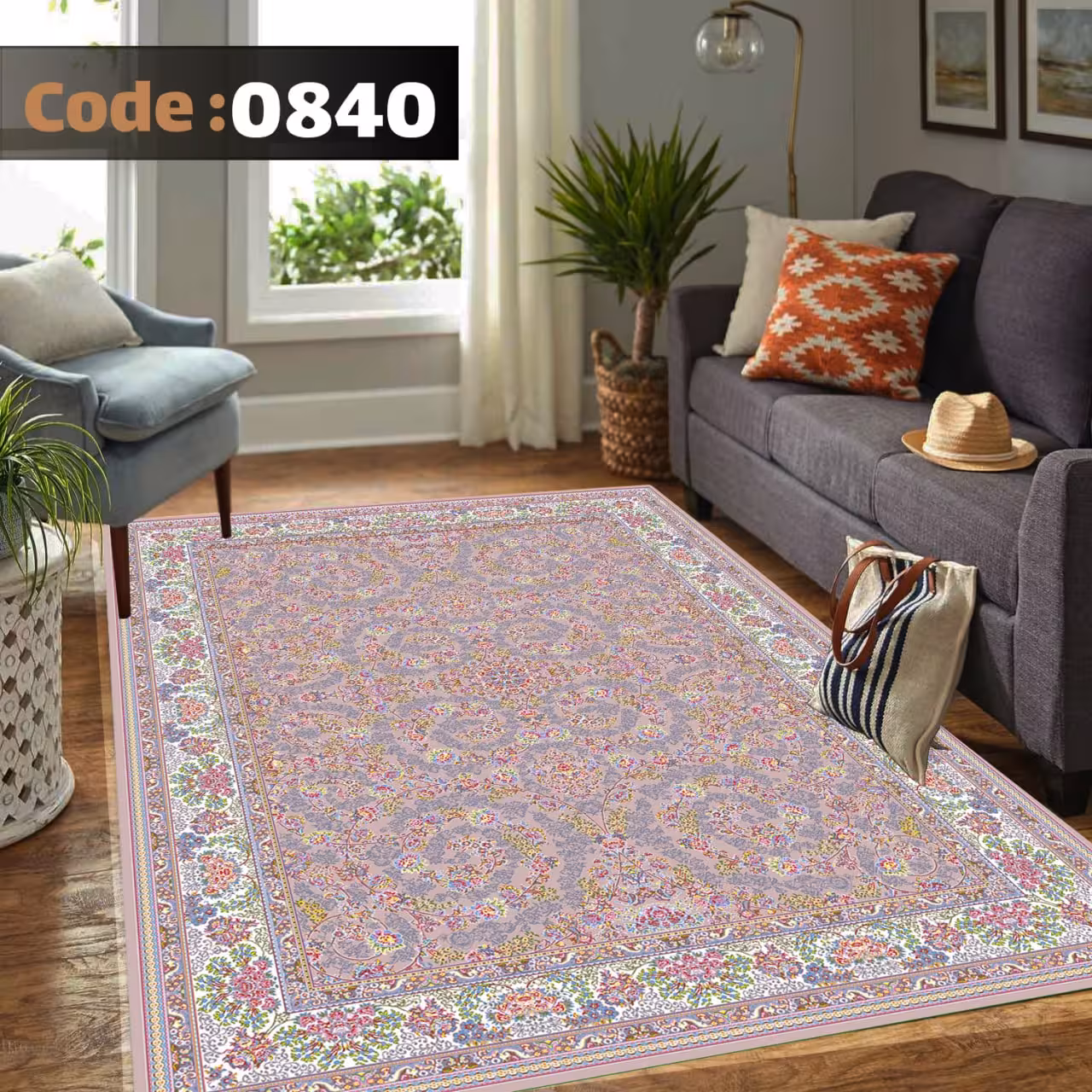 کاورفرش روفرشی دورکشدار گوشه لیفه ای لاکی ، آبی و متنوع کد 0840