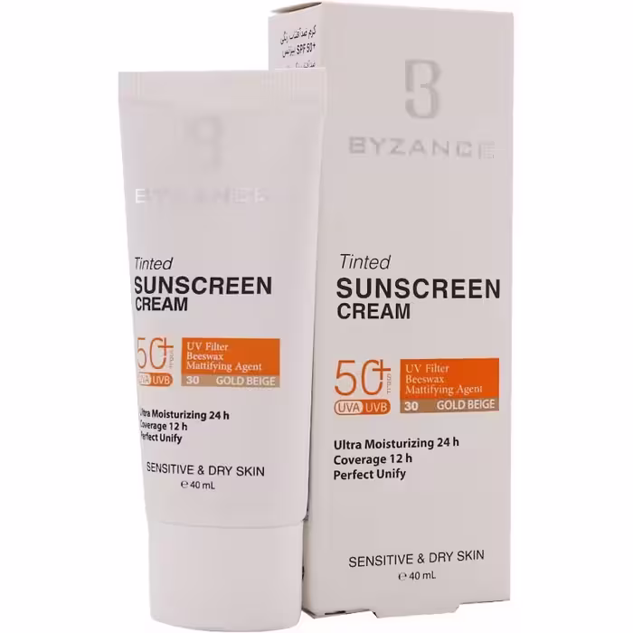کرم ضد آفتاب رنگی SPF50 پوست خشک بیزانس | آبرسان، محافظت بالا و یکنواخت‌کننده رنگ پوست، حجم 40 میل