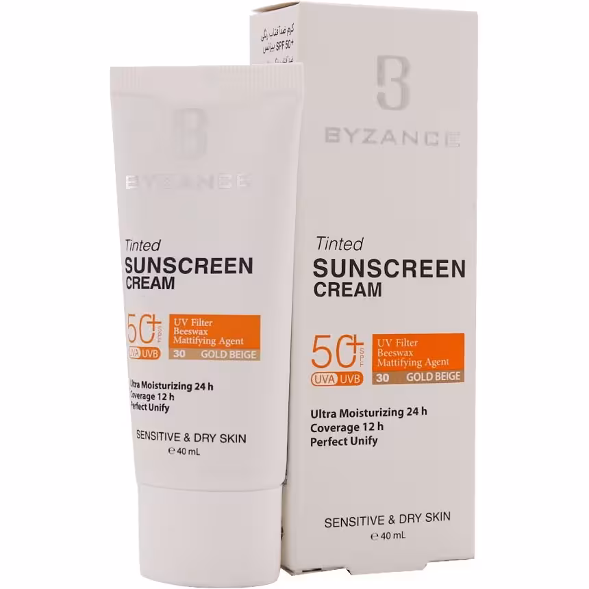کرم ضد آفتاب رنگی SPF50 پوست خشک بیزانس | آبرسان، محافظت بالا و یکنواخت‌کننده رنگ پوست، حجم 40 میل