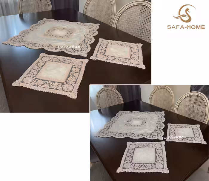 رومیزی مخمل مروارید دوزی طرح شکوفه مربع 3 تکه