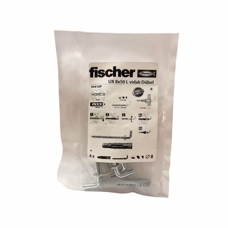 فیشر UX 8×50 | ست رولپلاک قلاب دار 4 عددی | قطر 8 میلی‌متر | طول 50 میلی‌متر | پیچ L شکل | مناسب برای آویز و نصب در بتن و مصالح ساختمانی | محصول اصلی فیشر آلمان