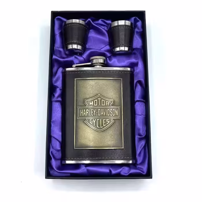 ست قمقمه جیبی استیل  روکش چرم هارلی کد s550322