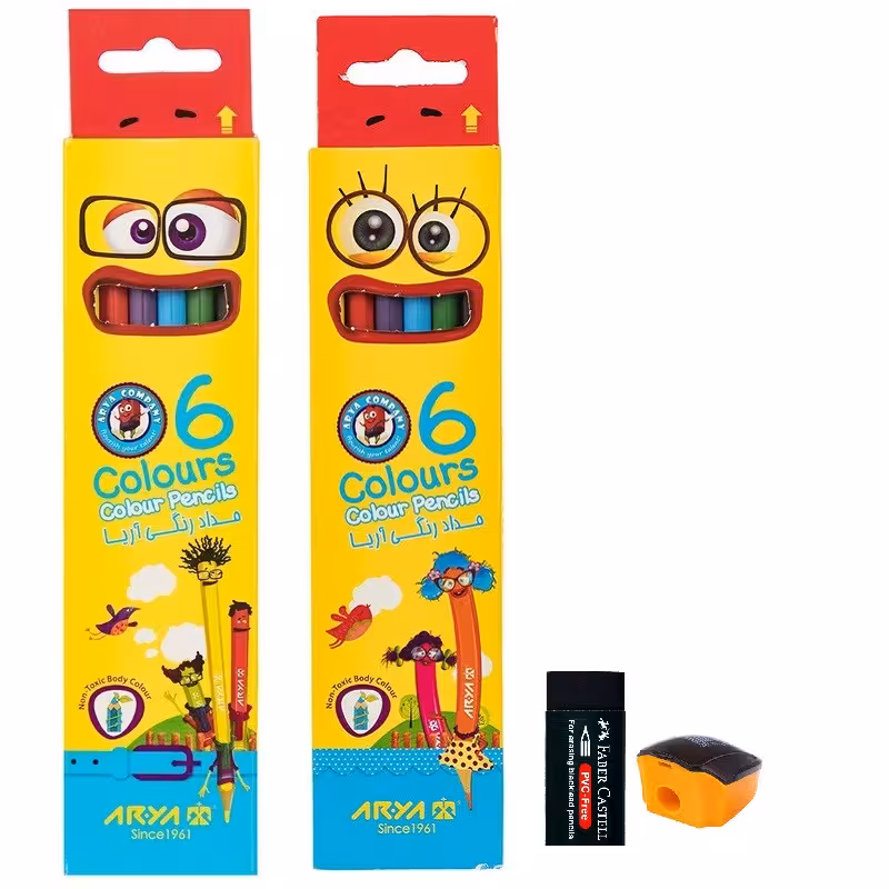 مداد رنگی 6 رنگ آریا مدل نقاش باشی به همراه تراش و پاک کن  مجموعه 14 عددی