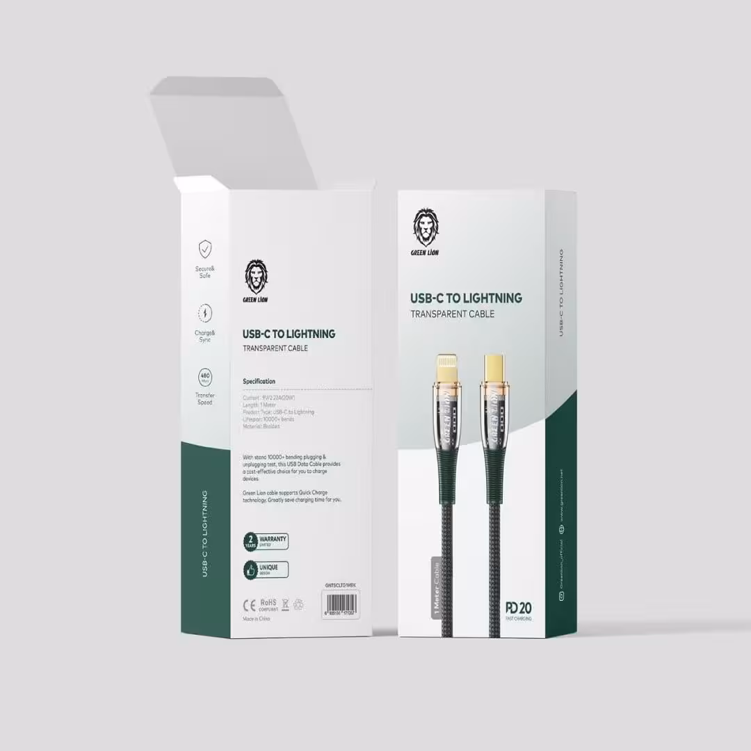 کابل تایپ سی به لایتنینگ شفاف گرین Green usb-c to lightning transparent cable