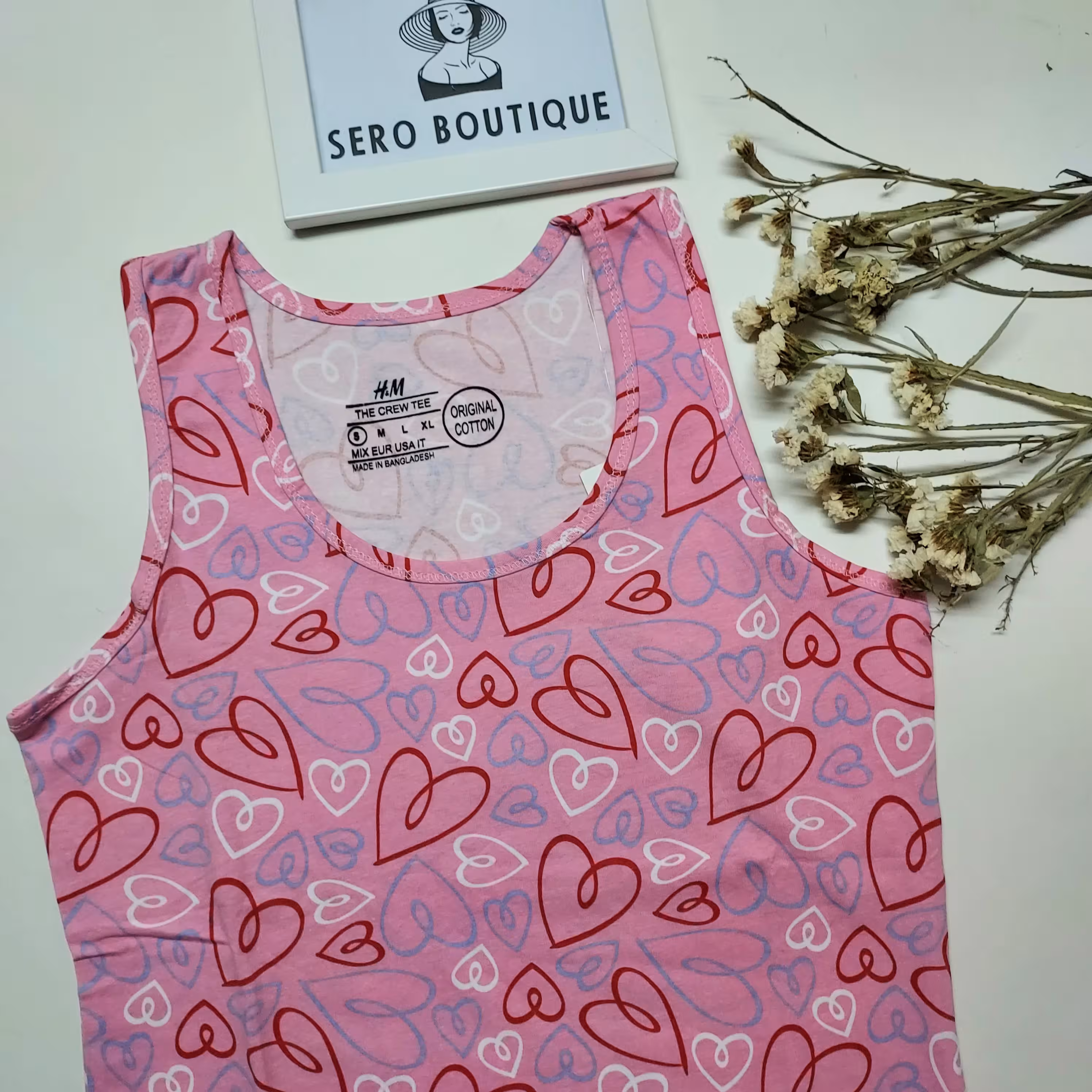 تاپ نخ پنبه اچ اند ام زنانه طرح قلبی وارداتی سایز اسمال