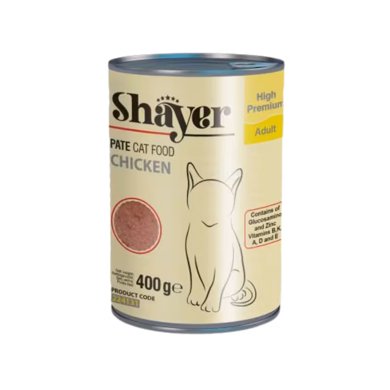 کنسرو گربه بالغ پته مرغ برند Shayer شایر 400 گرمی