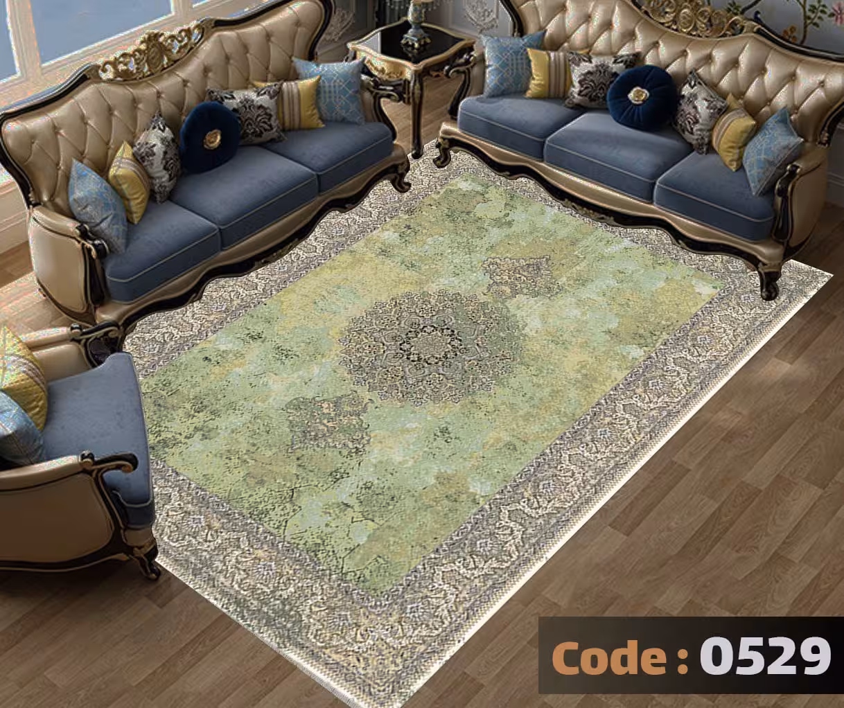 کاورفرش روفرشی دورکشدار گوشه لیفه ای لاکی ، آبی و متنوع کد 0529