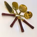 AMIN امین  کفگیر ملاقه استیل طلایی دسته چوبی 4تایی کوچک  21028