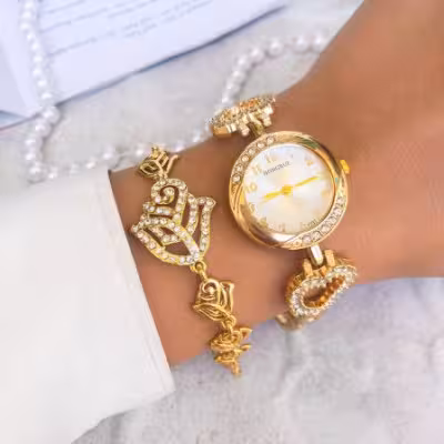 ست ساعت و دستبند زنانه بندطلایی ظریف