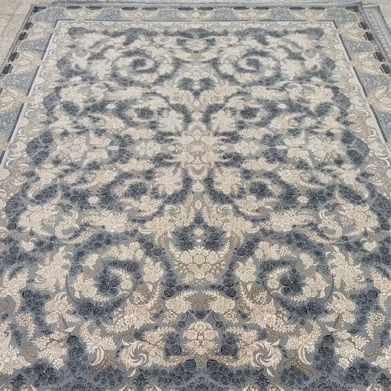 فرش ماشینی کاشان700شانه100درصدآکرلیک6متری طرح آترین طوسی کد10480(باارسال رایگان)