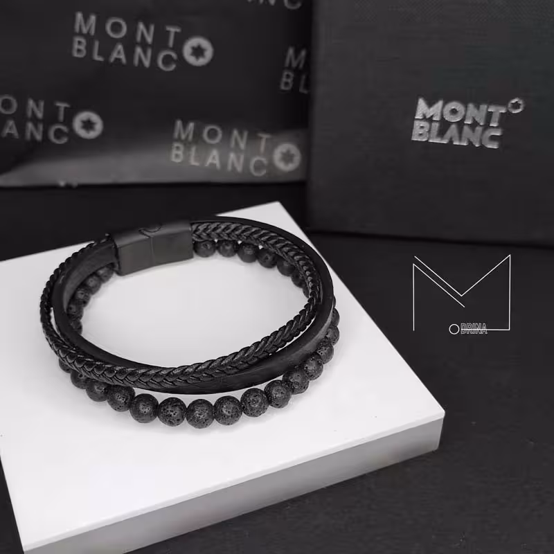 دستبند مردانه چرم و سنگ مون بلان