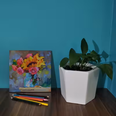 کاشی کارنیلا طرح نقاشی گل و گلدان شیشه ای مدل لوحی کد WKB759 