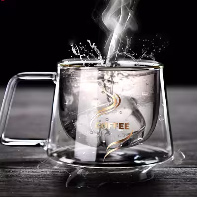 لیوان مدل دوجداره دسته دار طرح کافی کد 250 بسته 6 عددی