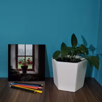  کاشی کارنیلا طرح گلدان شمعدانی پشت پنجره مدل لوحی کدWKB 581