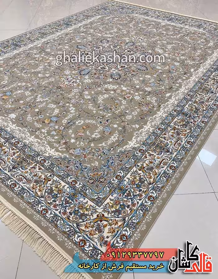 فرش 1000 شانه طرح باغ حریر زمینه فیلی کاشان – گل برجسته