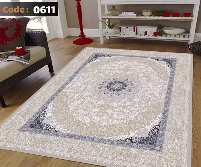 کاورفرش روفرشی دورکشدار گوشه لیفه ای طوسی کرم کد 0611