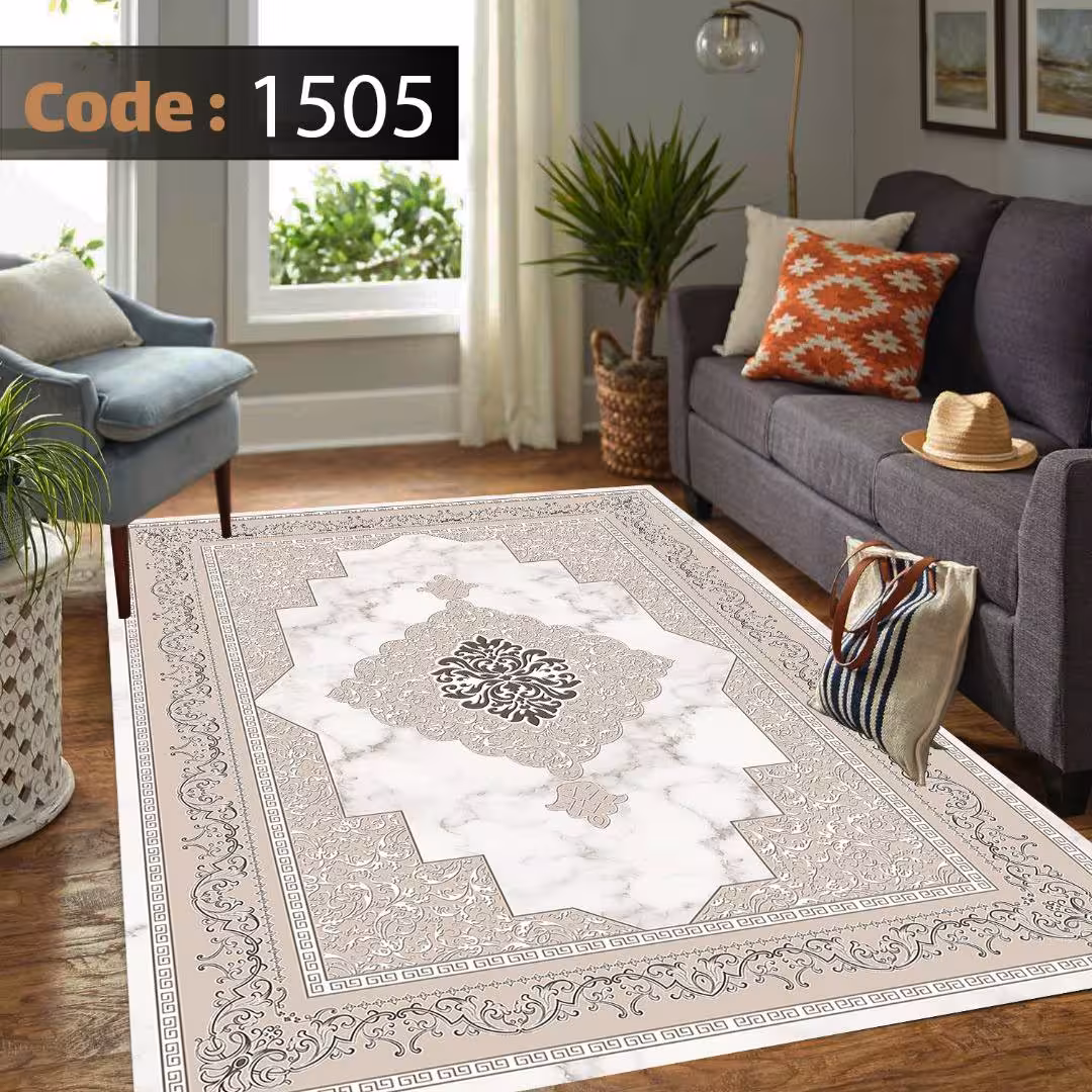 کاورفرش روفرشی دورکشدار گوشه لیفه ای کرم  قهوه ای کد 1505