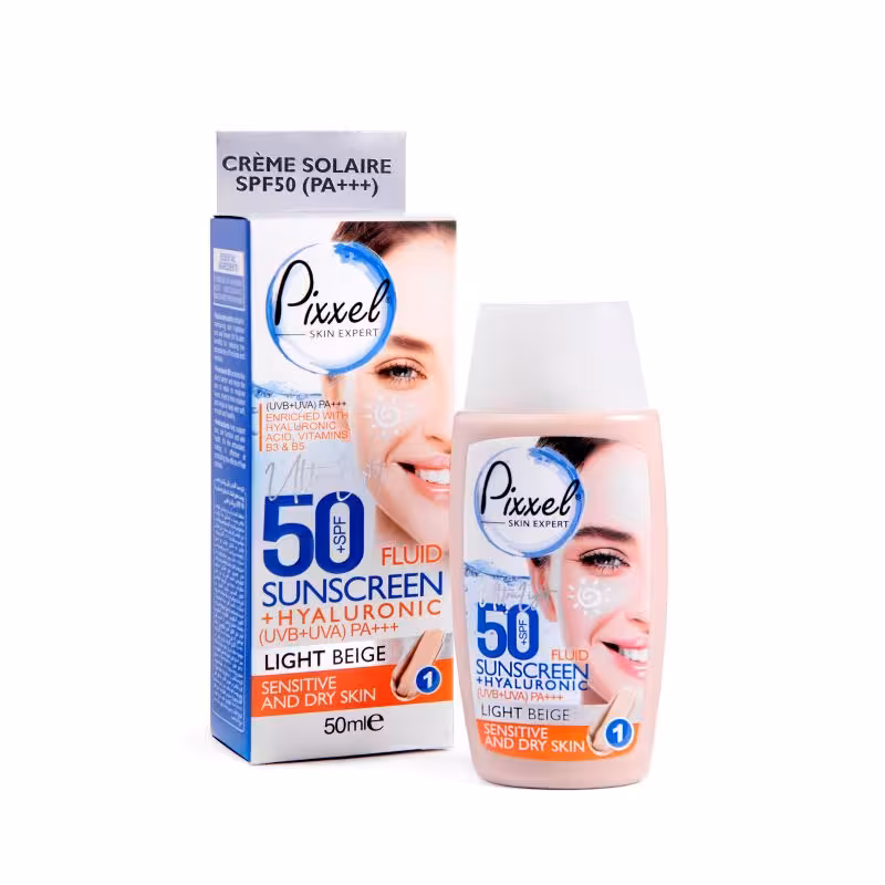 کرم ضد آفتاب SPF50 برند پیکسل رنگ بژ روشن مناسب پوست خشک 50 میل