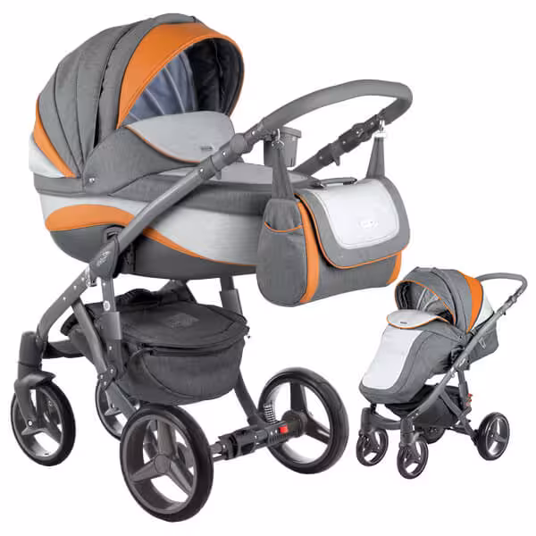 کالسکه کریر ادامکس با کریکات وساک لوازم 4 تکه ادامکس طوسی با چرم قهوه ای مدل بارلتا ADAMEX BARLETTA B1-F4