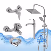 ست 5 عددی شیرآلات برند آیدا صنعت مدل قهرمان | روشویی پایه‌بلند   ظرفشویی   حمام   توالت با شلنگ   علم یونیورست رسوب‌گیر اتومات | کروم مات