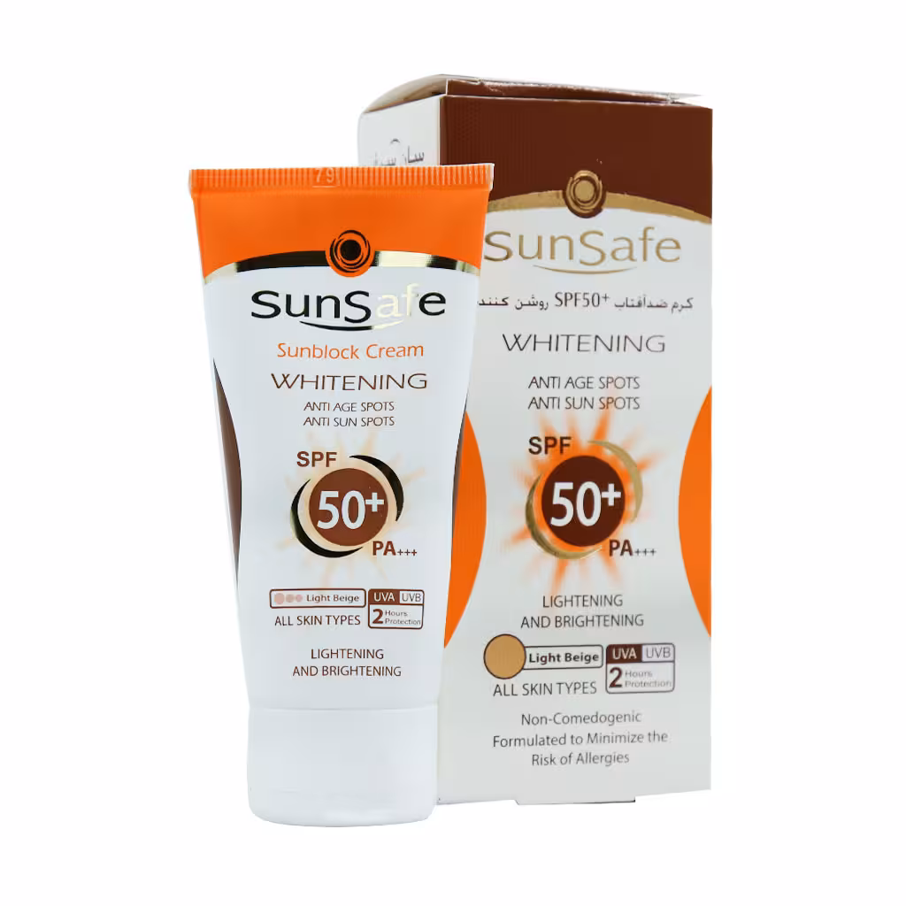 کرم ضد آفتاب SPF50 روشن کننده سان سیف بژ روشن مناسب انواع پوست حجم 50 میلی لیتر