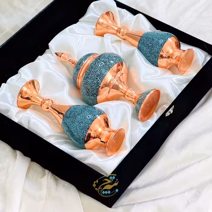 ست هدیه فیروزه کوبی شکلات خوری و گلدان با جعبه مخمل