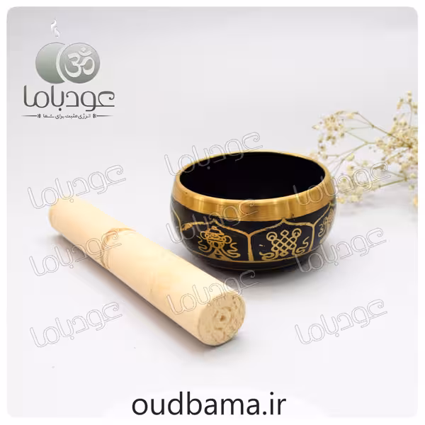 کاسه تبتی مشکی طلایی طرح برجسته قطر 9 سانتیمتر