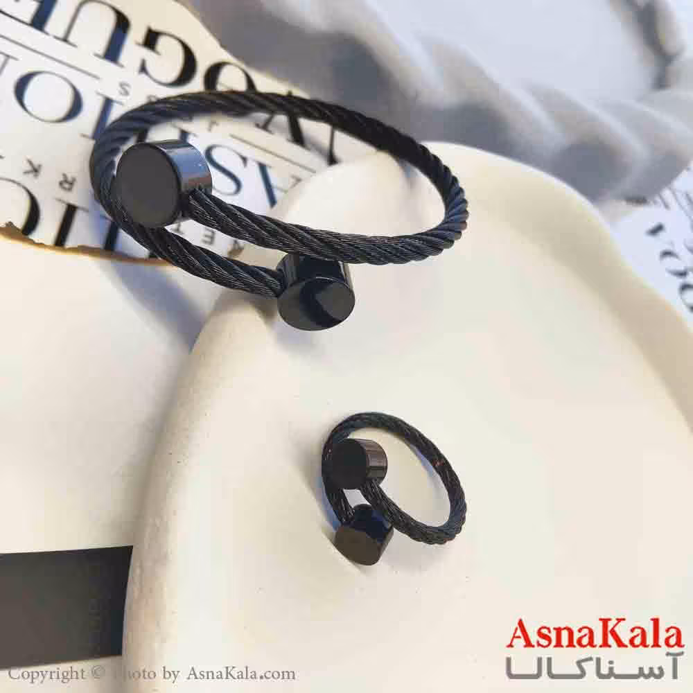نیم ست زنانه شامل انگشتر و دستبند استیل مدل گوی مشکی کد NIM14741W