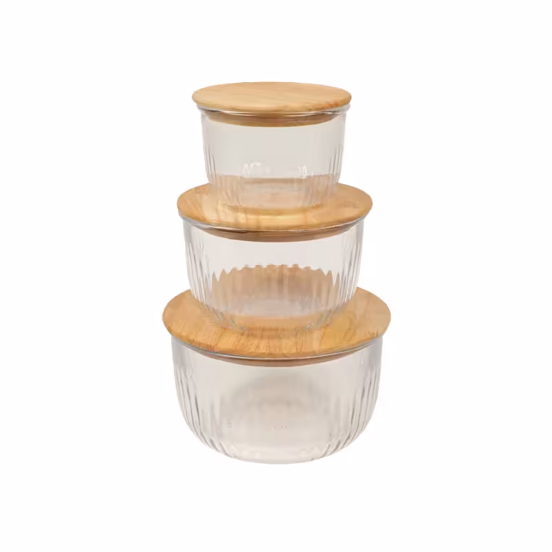 ظرف نگهدارنده لیمون مدل گرد شیاردار درب چوبی 2212 مجموعه 3 عددی