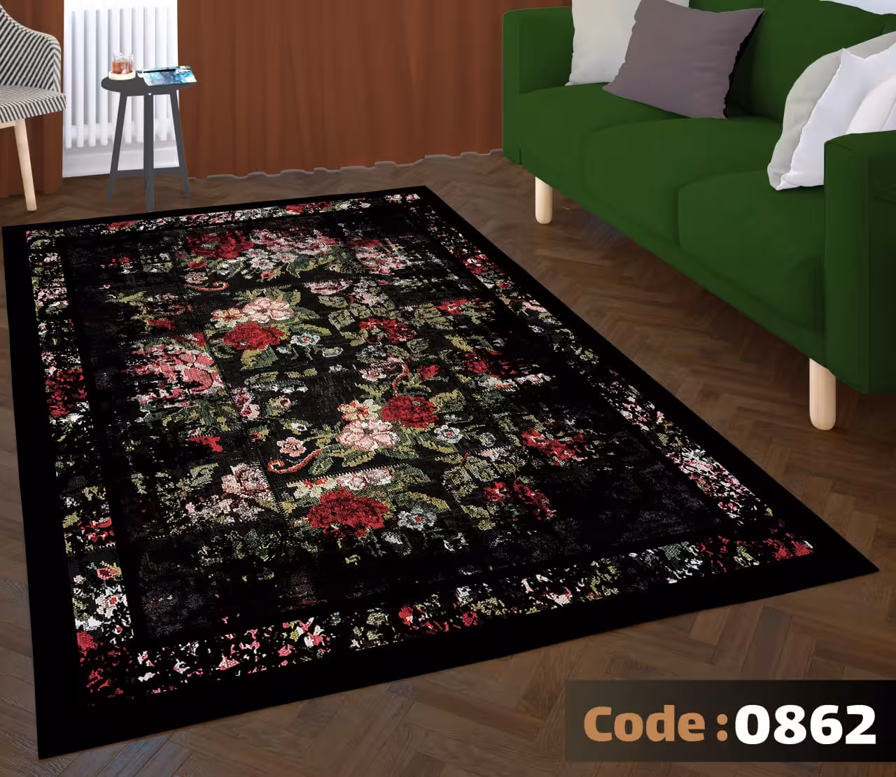 کاورفرش روفرشی دورکشدار گوشه لیفه ای لاکی ، آبی و متنوع کد 0862