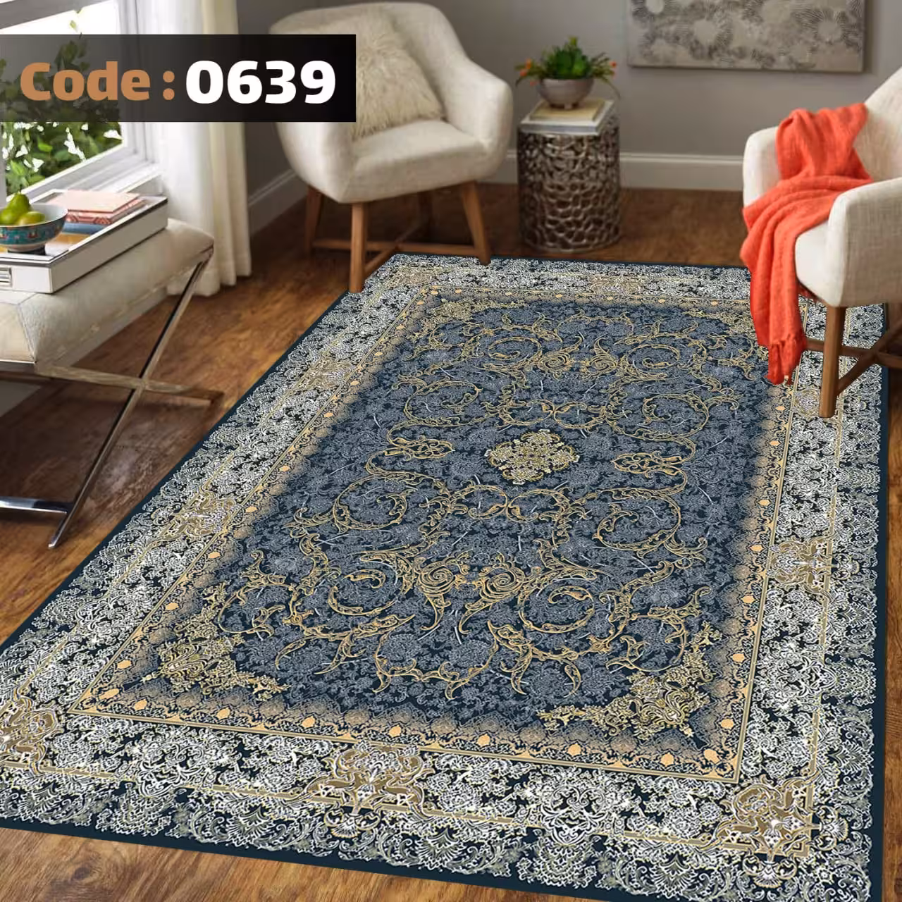 کاورفرش روفرشی دورکشدار گوشه لیفه ای لاکی ، آبی و متنوع کد 0639