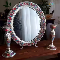 آینه شمعدان قلمزنی برنجی روکش نقره با نقاشی دست