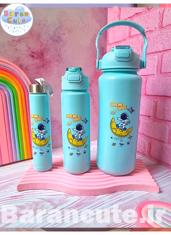 قمقمه 3 قلو وارداتی نشکن نی دار طرح فضانورد آبی