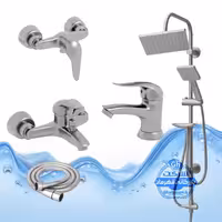 ست 5 عددی شیرآلات برند آیدا صنعت مدل قهرمان | شیر روشویی   شیر توالت   شیر حمام   علم یونیورست رسوب‌گیر اتومات   شلنگ توالت | کروم مات