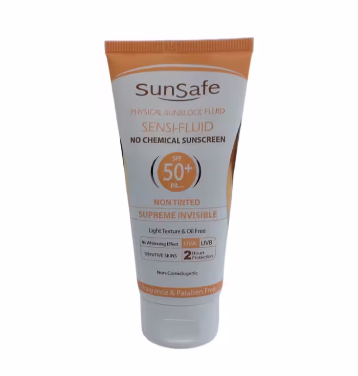 فلوئید ضدآفتاب spf 50 فیزیکال مخصوص پوست های حساس و مستعد قرمزی سان سیف