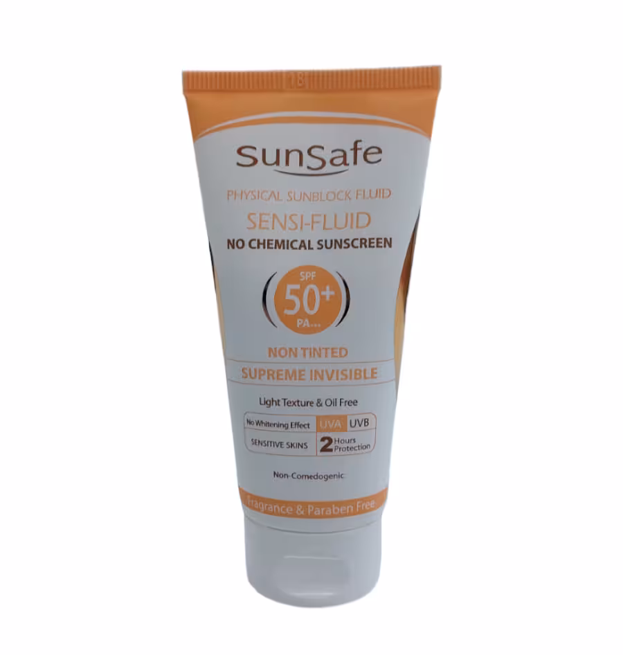 فلوئید ضدآفتاب spf 50 فیزیکال مخصوص پوست های حساس و مستعد قرمزی سان سیف