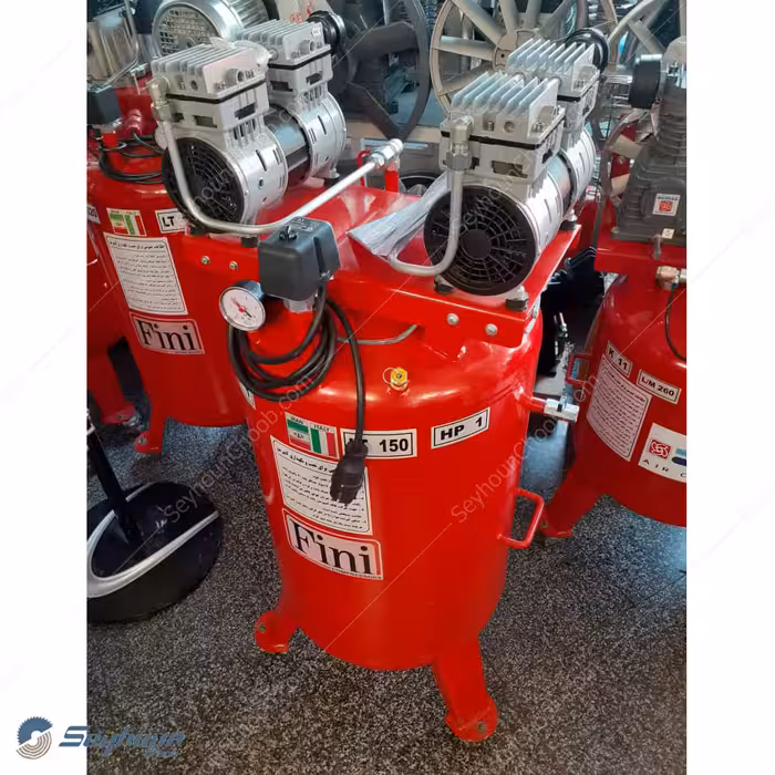 کمپرسور باد فینی 150 لیتری ایستاده سایلنت (دندانپزشکی) با دو موتور 8 بار 1 اسب 750 وات مدل FINI 750