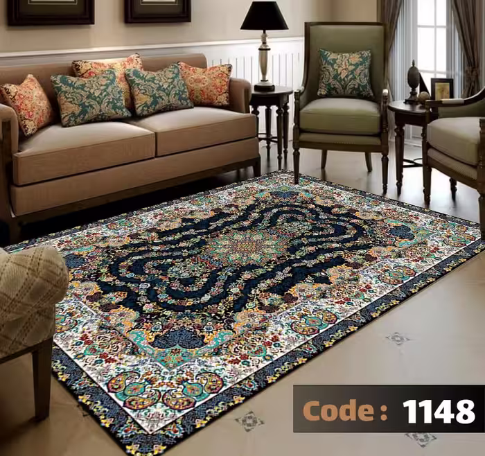 کاورفرش روفرشی دورکشدار گوشه لیفه ای لاکی ، آبی و متنوع کد 1148