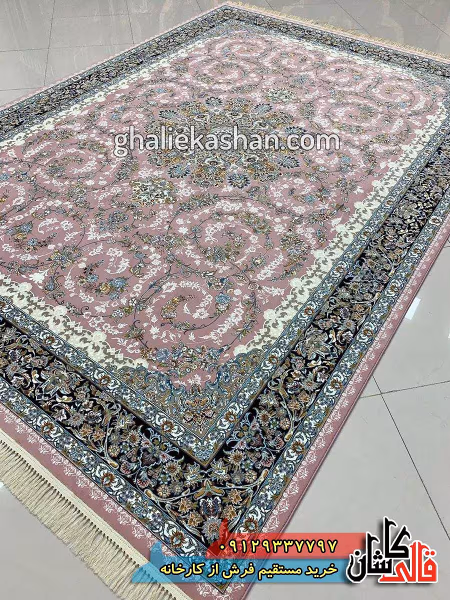 فرش 1000 شانه طرح باغ حریر زمینه صورتی کاشان – گل برجسته