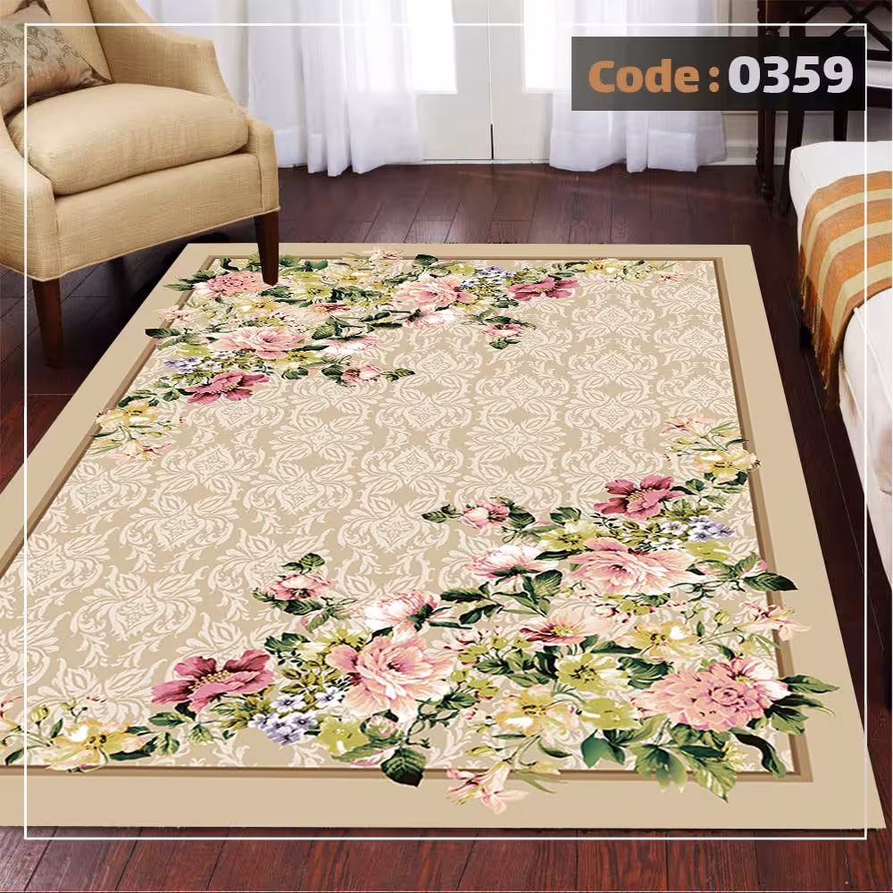 کاورفرش روفرشی دورکشدار گوشه لیفه ای کرم  قهوه ای کد 0359