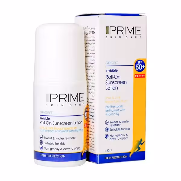 لوسیون ضدآفتاب  SPF50 رول آن بی‌رنگ انواع پوست پرایم 50 میلی‌لیتر Prime