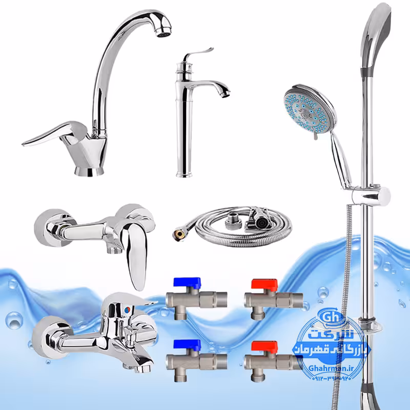 ست 10 عددی شیرآلات برند آیدا صنعت مدل قهرمان اردکی | شیر ظرفشویی   شیر روشویی پایه‌بلند   شیر حمام   شیر توالت   علم دوش یونیکا   شلنگ توالت   چهار عدد شیر پیسوار | کروم براق