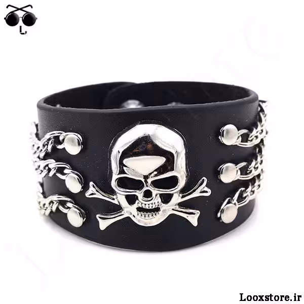 دستبند اسکلتی چرم با سه لاین زنجیر